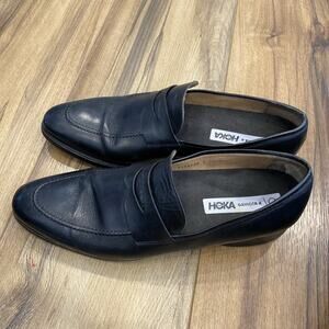 13 D Black Leather Almond Toe Penny Loafers